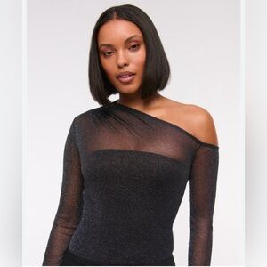 Abercrombie & Fitch Long-Sleeve Asymmetrical Draped Mesh Bodysuit Black Shimmer